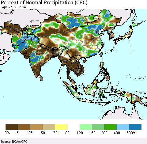 Asia Percent of Normal Precipitation (CPC) Thematic Map For 4/22/2024 - 4/28/2024