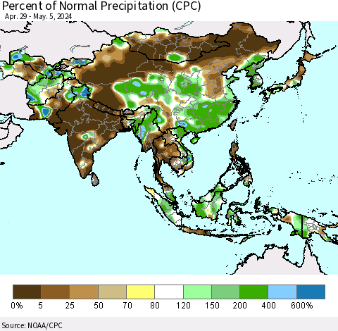 Asia Percent of Normal Precipitation (CPC) Thematic Map For 4/29/2024 - 5/5/2024