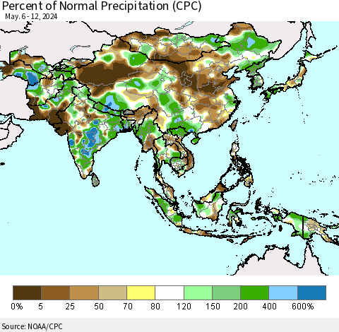 Asia Percent of Normal Precipitation (CPC) Thematic Map For 5/6/2024 - 5/12/2024