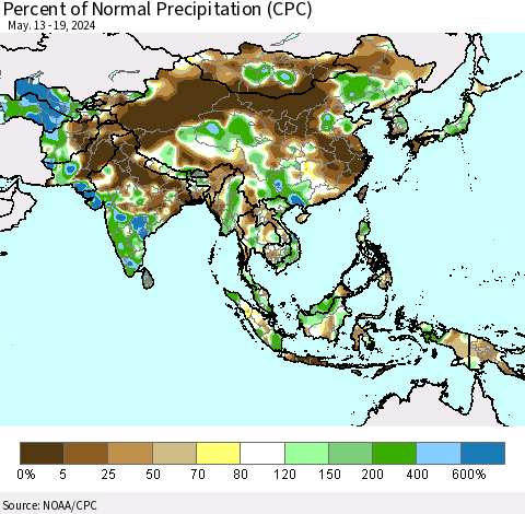 Asia Percent of Normal Precipitation (CPC) Thematic Map For 5/13/2024 - 5/19/2024