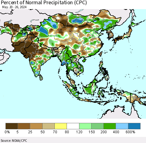 Asia Percent of Normal Precipitation (CPC) Thematic Map For 5/20/2024 - 5/26/2024