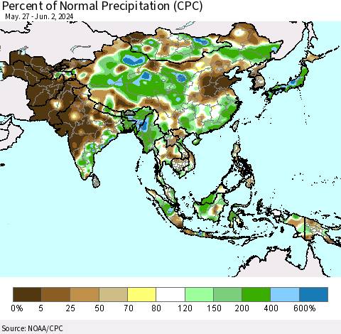 Asia Percent of Normal Precipitation (CPC) Thematic Map For 5/27/2024 - 6/2/2024