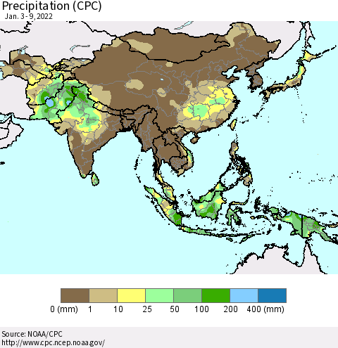 Asia Precipitation (CPC) Thematic Map For 1/3/2022 - 1/9/2022