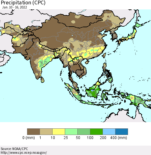 Asia Precipitation (CPC) Thematic Map For 1/10/2022 - 1/16/2022