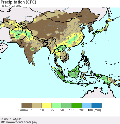 Asia Precipitation (CPC) Thematic Map For 1/17/2022 - 1/23/2022