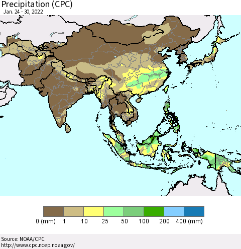 Asia Precipitation (CPC) Thematic Map For 1/24/2022 - 1/30/2022