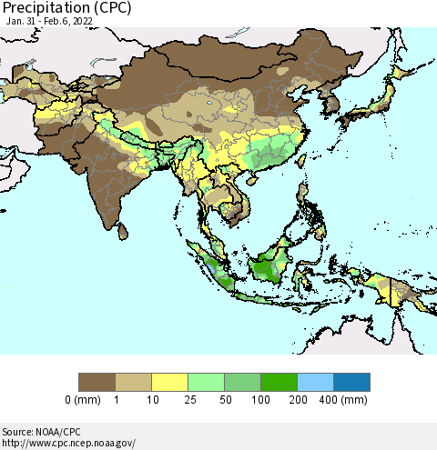 Asia Precipitation (CPC) Thematic Map For 1/31/2022 - 2/6/2022