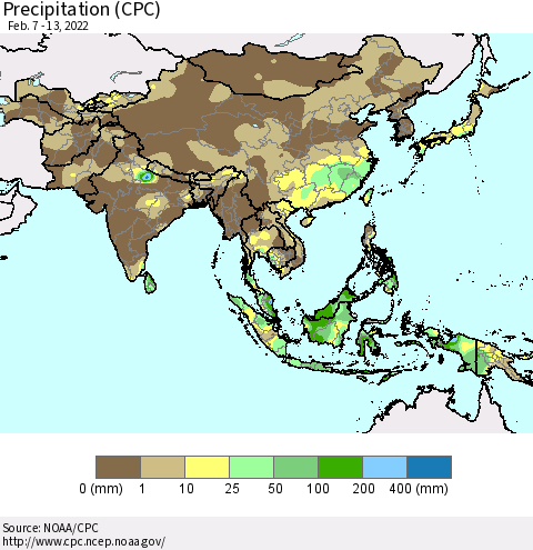 Asia Precipitation (CPC) Thematic Map For 2/7/2022 - 2/13/2022