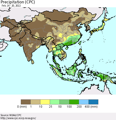 Asia Precipitation (CPC) Thematic Map For 2/14/2022 - 2/20/2022