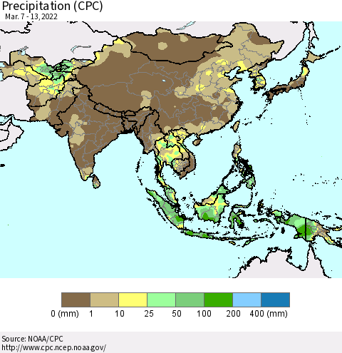 Asia Precipitation (CPC) Thematic Map For 3/7/2022 - 3/13/2022