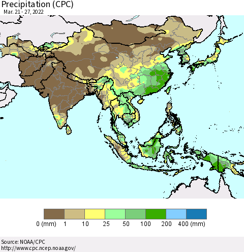 Asia Precipitation (CPC) Thematic Map For 3/21/2022 - 3/27/2022