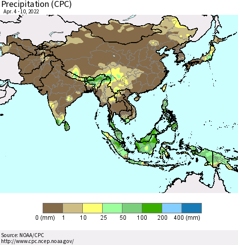 Asia Precipitation (CPC) Thematic Map For 4/4/2022 - 4/10/2022