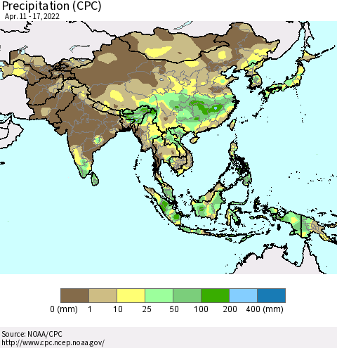 Asia Precipitation (CPC) Thematic Map For 4/11/2022 - 4/17/2022