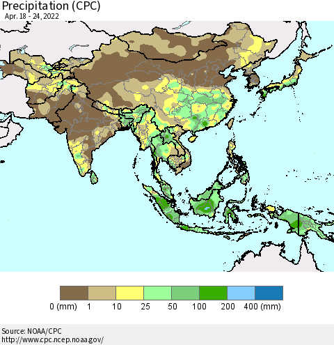 Asia Precipitation (CPC) Thematic Map For 4/18/2022 - 4/24/2022