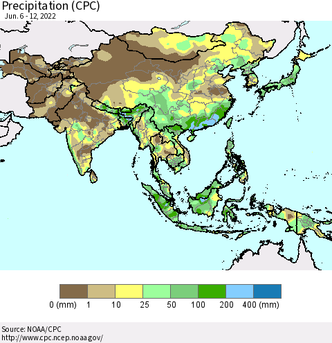 Asia Precipitation (CPC) Thematic Map For 6/6/2022 - 6/12/2022