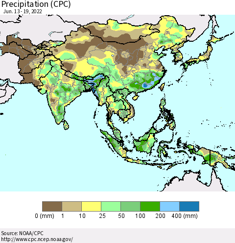 Asia Precipitation (CPC) Thematic Map For 6/13/2022 - 6/19/2022