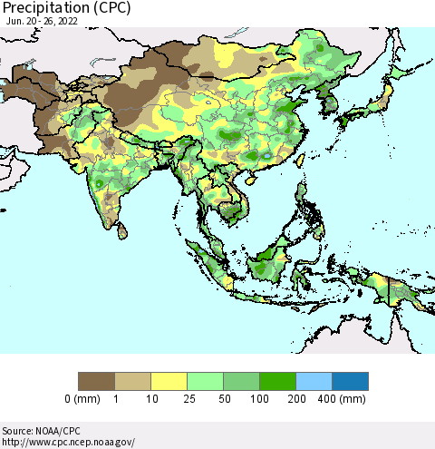 Asia Precipitation (CPC) Thematic Map For 6/20/2022 - 6/26/2022