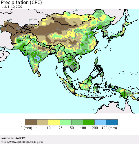 Asia Precipitation (CPC) Thematic Map For 7/4/2022 - 7/10/2022