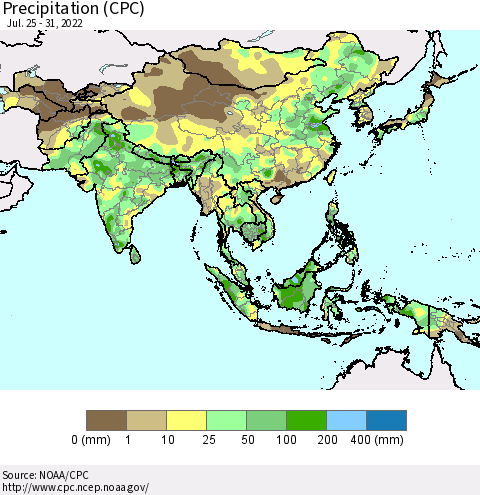 Asia Precipitation (CPC) Thematic Map For 7/25/2022 - 7/31/2022