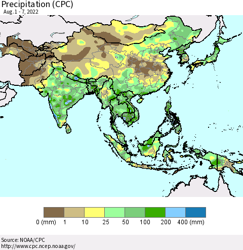 Asia Precipitation (CPC) Thematic Map For 8/1/2022 - 8/7/2022