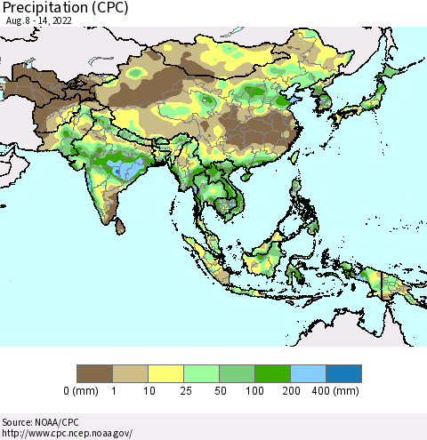 Asia Precipitation (CPC) Thematic Map For 8/8/2022 - 8/14/2022