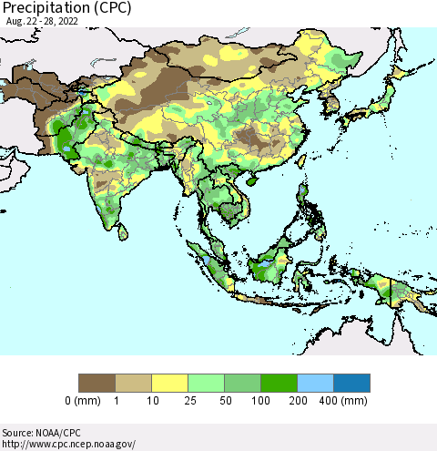 Asia Precipitation (CPC) Thematic Map For 8/22/2022 - 8/28/2022