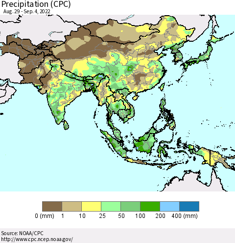 Asia Precipitation (CPC) Thematic Map For 8/29/2022 - 9/4/2022