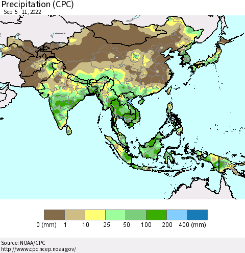 Asia Precipitation (CPC) Thematic Map For 9/5/2022 - 9/11/2022