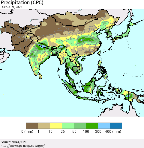 Asia Precipitation (CPC) Thematic Map For 10/3/2022 - 10/9/2022