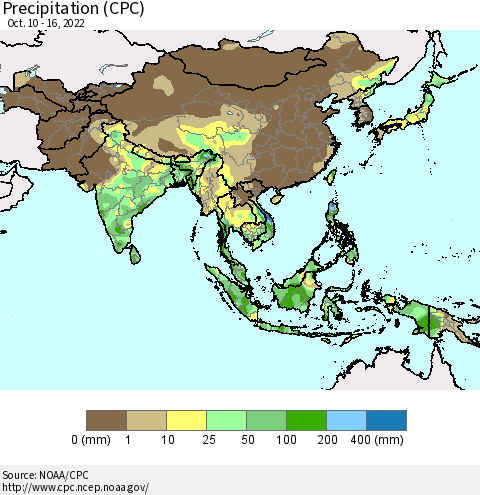 Asia Precipitation (CPC) Thematic Map For 10/10/2022 - 10/16/2022