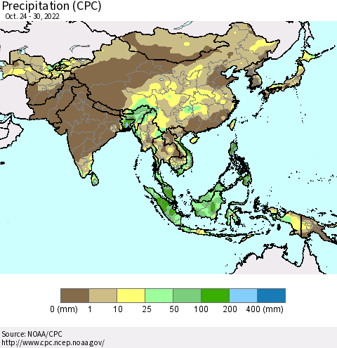 Asia Precipitation (CPC) Thematic Map For 10/24/2022 - 10/30/2022