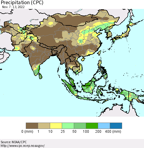 Asia Precipitation (CPC) Thematic Map For 11/7/2022 - 11/13/2022