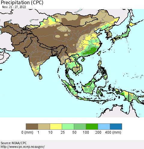 Asia Precipitation (CPC) Thematic Map For 11/21/2022 - 11/27/2022