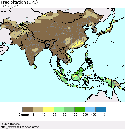 Asia Precipitation (CPC) Thematic Map For 1/2/2023 - 1/8/2023