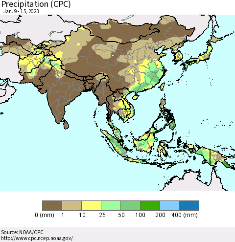 Asia Precipitation (CPC) Thematic Map For 1/9/2023 - 1/15/2023