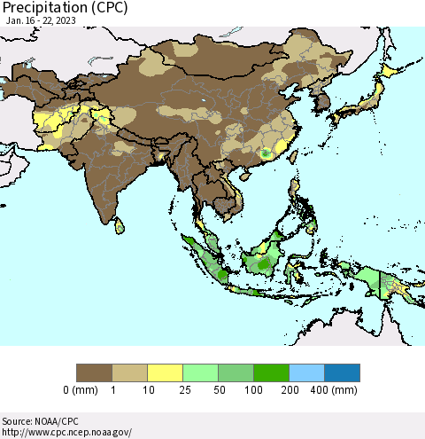 Asia Precipitation (CPC) Thematic Map For 1/16/2023 - 1/22/2023