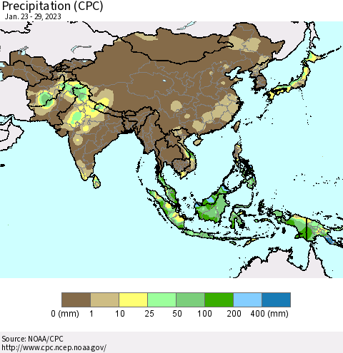 Asia Precipitation (CPC) Thematic Map For 1/23/2023 - 1/29/2023