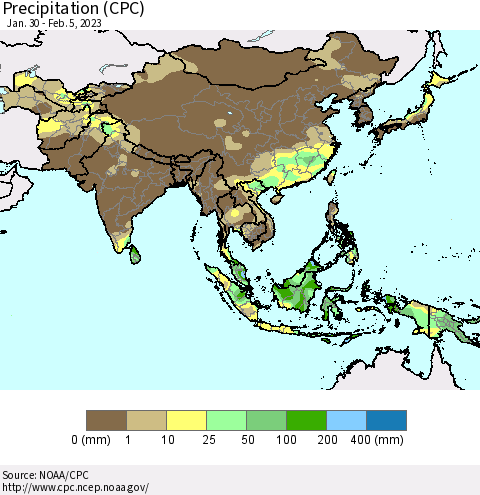 Asia Precipitation (CPC) Thematic Map For 1/30/2023 - 2/5/2023