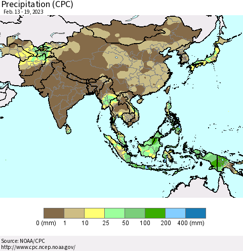Asia Precipitation (CPC) Thematic Map For 2/13/2023 - 2/19/2023