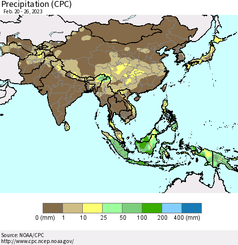 Asia Precipitation (CPC) Thematic Map For 2/20/2023 - 2/26/2023