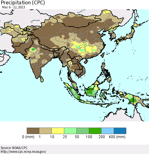 Asia Precipitation (CPC) Thematic Map For 3/6/2023 - 3/12/2023