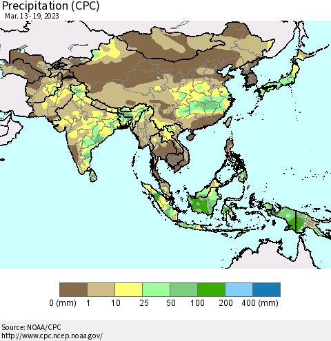 Asia Precipitation (CPC) Thematic Map For 3/13/2023 - 3/19/2023