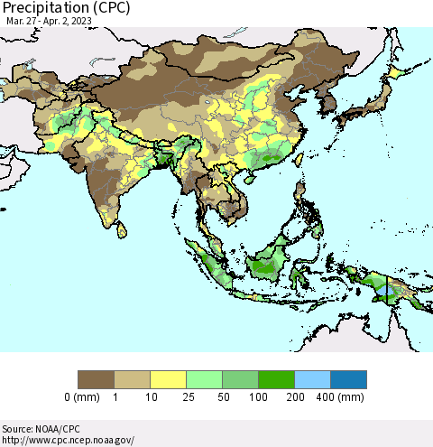Asia Precipitation (CPC) Thematic Map For 3/27/2023 - 4/2/2023