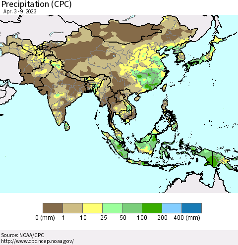 Asia Precipitation (CPC) Thematic Map For 4/3/2023 - 4/9/2023