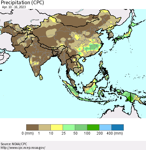 Asia Precipitation (CPC) Thematic Map For 4/10/2023 - 4/16/2023