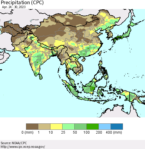 Asia Precipitation (CPC) Thematic Map For 4/24/2023 - 4/30/2023