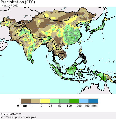Asia Precipitation (CPC) Thematic Map For 5/1/2023 - 5/7/2023