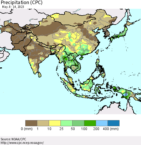 Asia Precipitation (CPC) Thematic Map For 5/8/2023 - 5/14/2023
