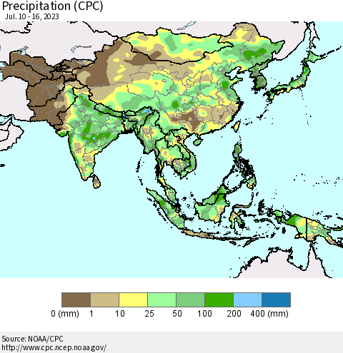 Asia Precipitation (CPC) Thematic Map For 7/10/2023 - 7/16/2023