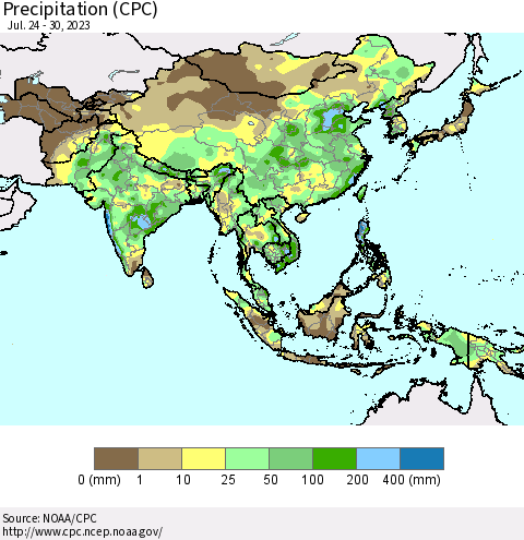 Asia Precipitation (CPC) Thematic Map For 7/24/2023 - 7/30/2023